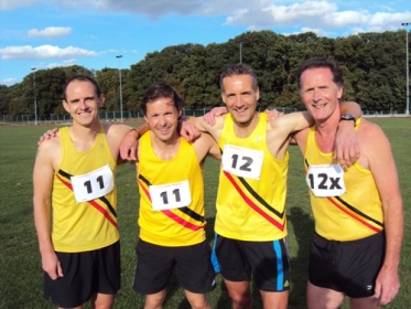 Men's winning 4x400m relay team (left to right) Dave Hall, Ed Gerrard, Warren Miles & Stewart Halion at the Midland Vet's Cup Final on 4th September 2011.